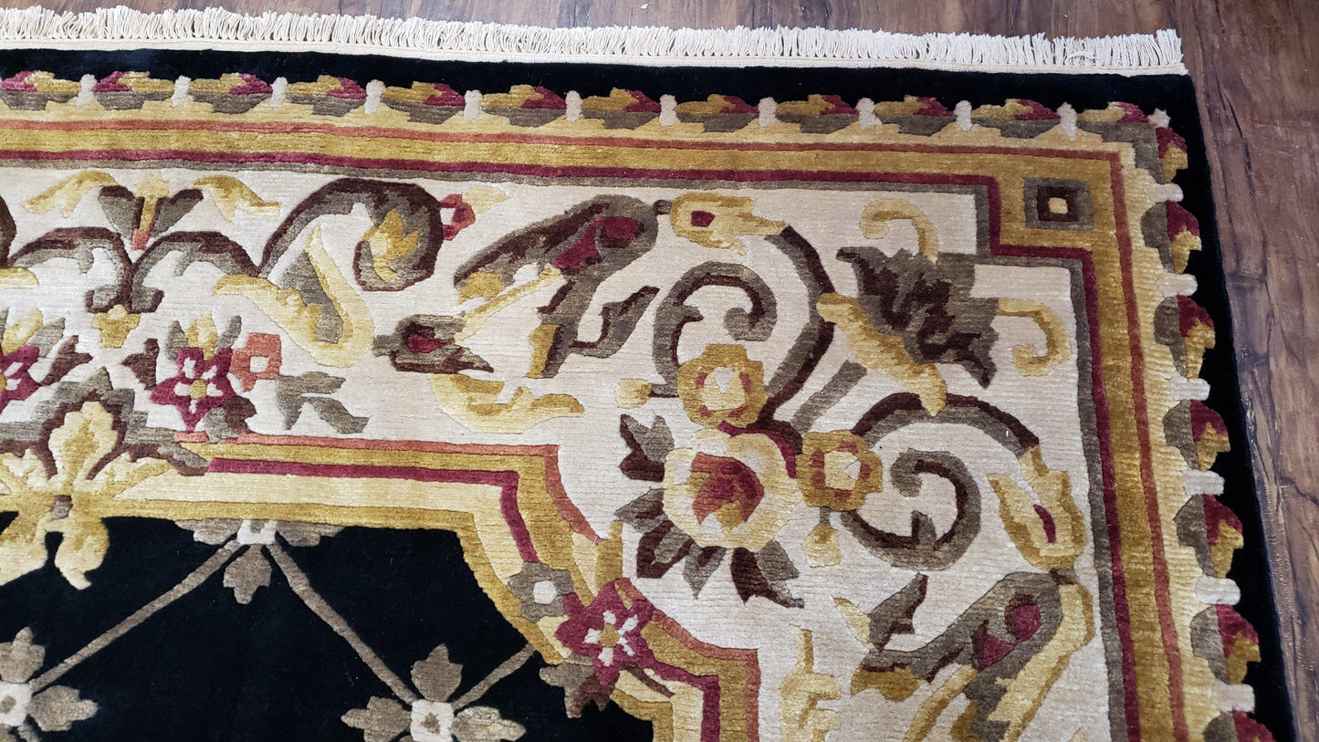 Nepal Rug 6x9, New Aubusson Nepalese Tibetan Carpet 6'1" x 8' 8", Hand-Knotted Wool, Unused, Black & Cream, Savonnerie Pattern, Soft Pile