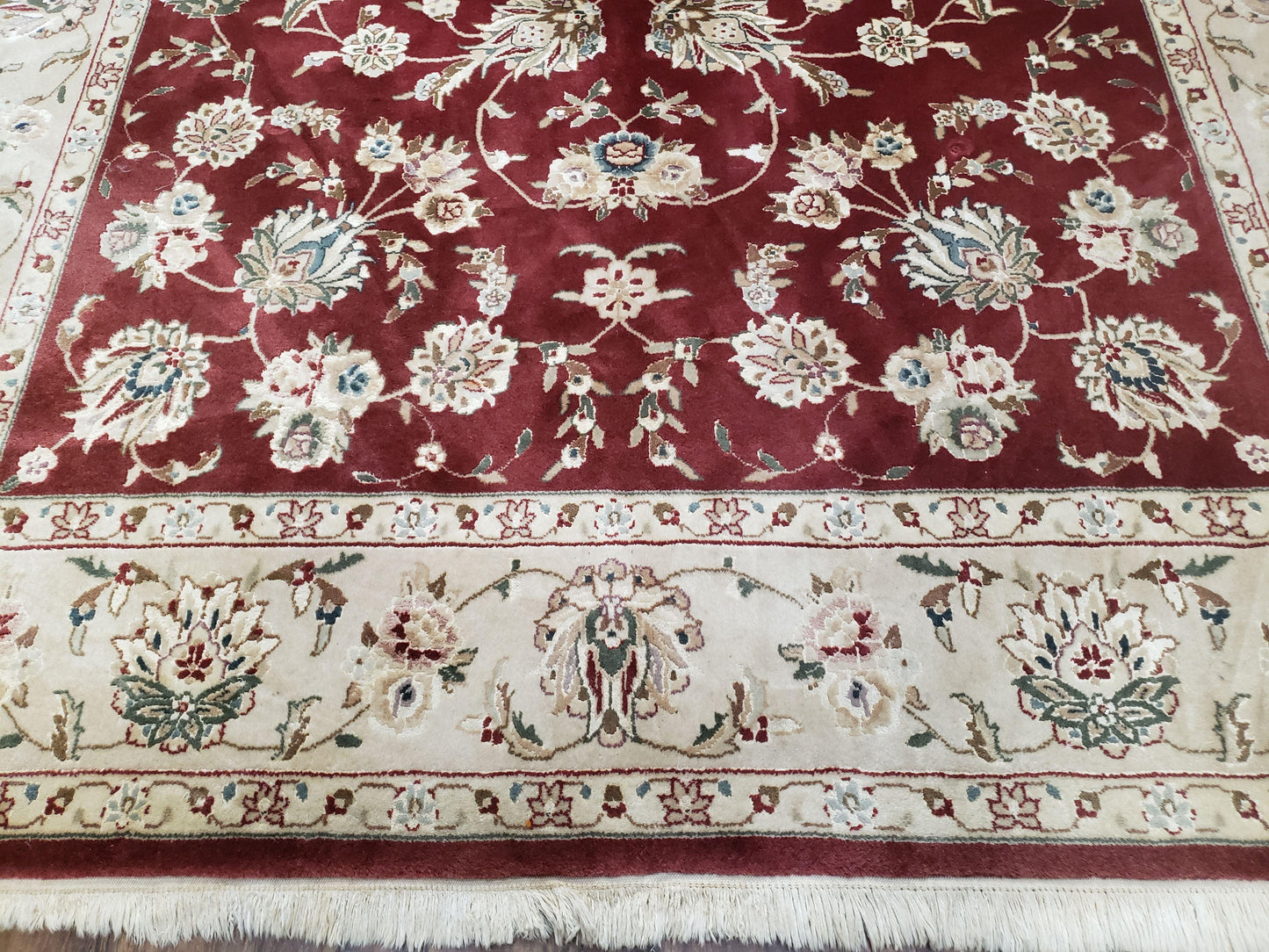 Vintage Traditional Oriental Area Rug, Hand-Knotted, Wool & Silk Accents, Maroon Red and Beige, 6x9 Carpet, 5' 9" x 9'