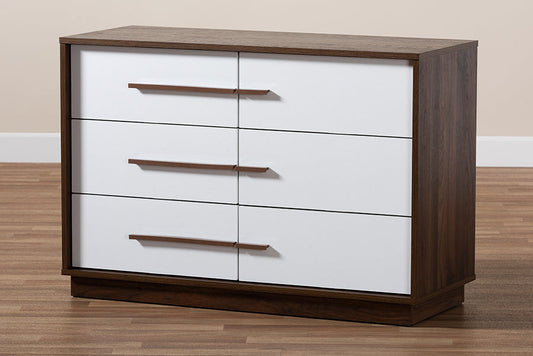 Baxton Studio Mette Mid-Century Modern Two-Tone White and Walnut Finished 6-Drawer Wood Dresser