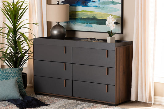 Baxton Studio Rikke Modern and Contemporary Two-Tone Gray and Walnut Finished Wood 6-Drawer Dresser
