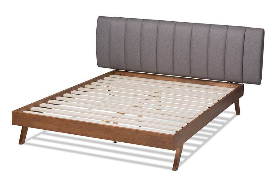 Baxton Studio Brita Mid-Century Modern Grey Fabric Upholstered Walnut Finished Wood Queen Size Bed