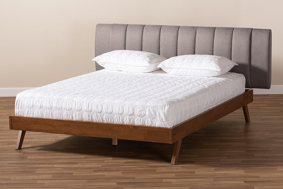 Baxton Studio Brita Mid-Century Modern Grey Fabric Upholstered Walnut Finished Wood Queen Size Bed