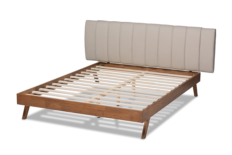 Baxton Studio Brita Mid-Century Modern Light Beige Fabric Upholstered Walnut Finished Wood Queen Size Bed