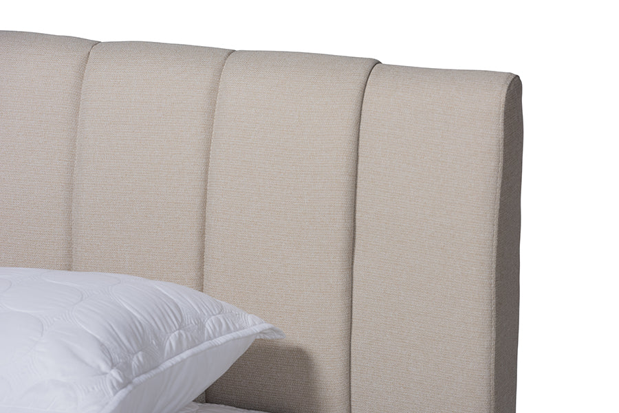Baxton Studio Brita Mid-Century Modern Light Beige Fabric Upholstered Walnut Finished Wood Queen Size Bed