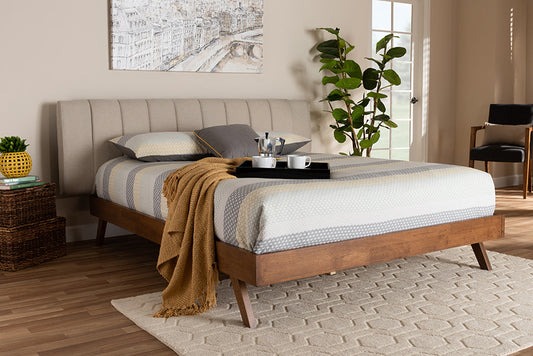 Baxton Studio Brita Mid-Century Modern Light Beige Fabric Upholstered Walnut Finished Wood Queen Size Bed