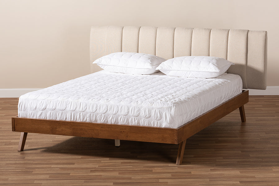 Baxton Studio Brita Mid-Century Modern Light Beige Fabric Upholstered Walnut Finished Wood Queen Size Bed