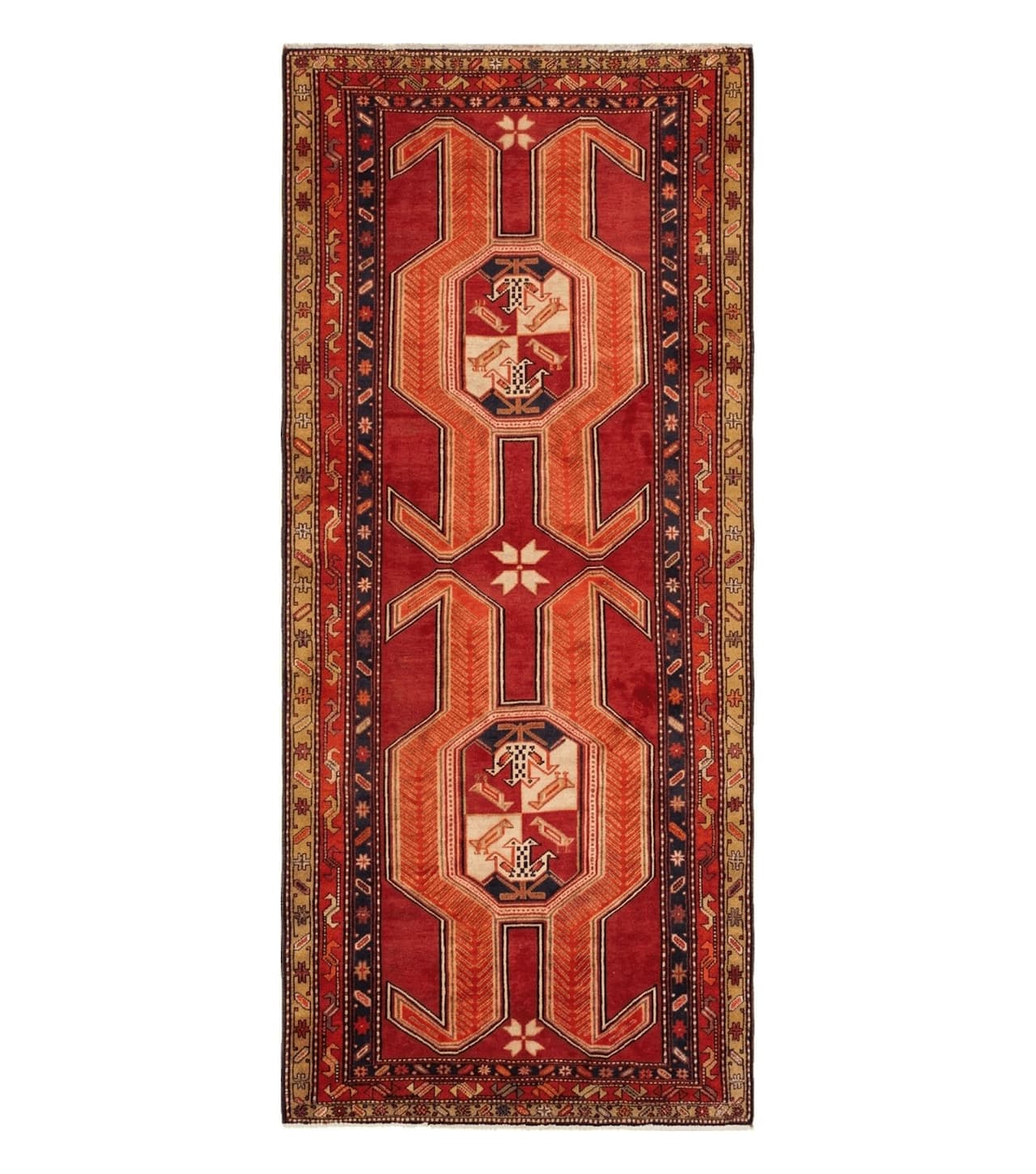 4' 10" X 11' Antique Handmade Turkish Kazak Wool Rug SHIELD Hand Knotted Red