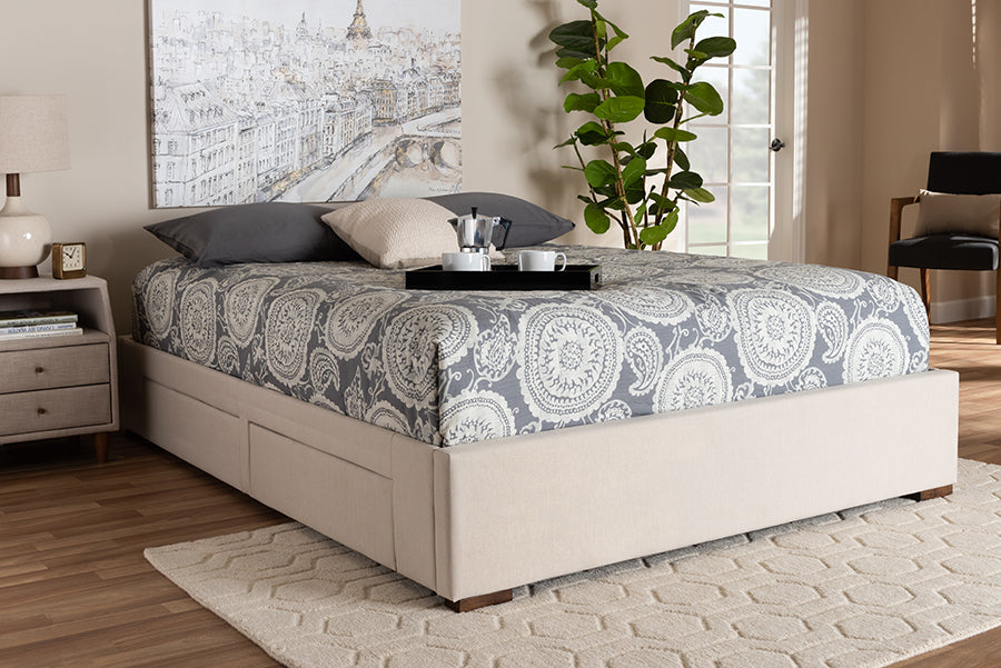 Baxton Studio Leni Modern and Contemporary Beige Fabric Upholstered 4-Drawer Queen Size Platform Storage Bed Frame