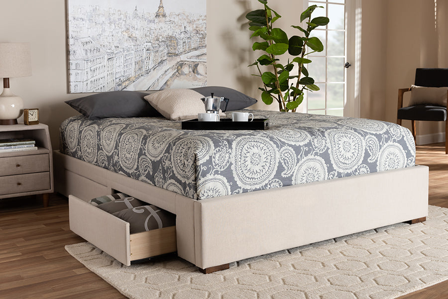 Baxton Studio Leni Modern and Contemporary Beige Fabric Upholstered 4-Drawer Queen Size Platform Storage Bed Frame