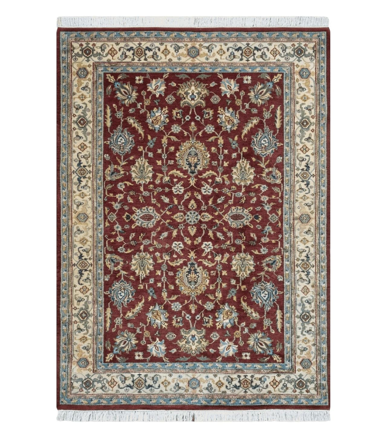 8x12 Indo-Mahal Rug, Floral Allover, Red & Beige, Wool Vintage Handmade Traditional Carpet