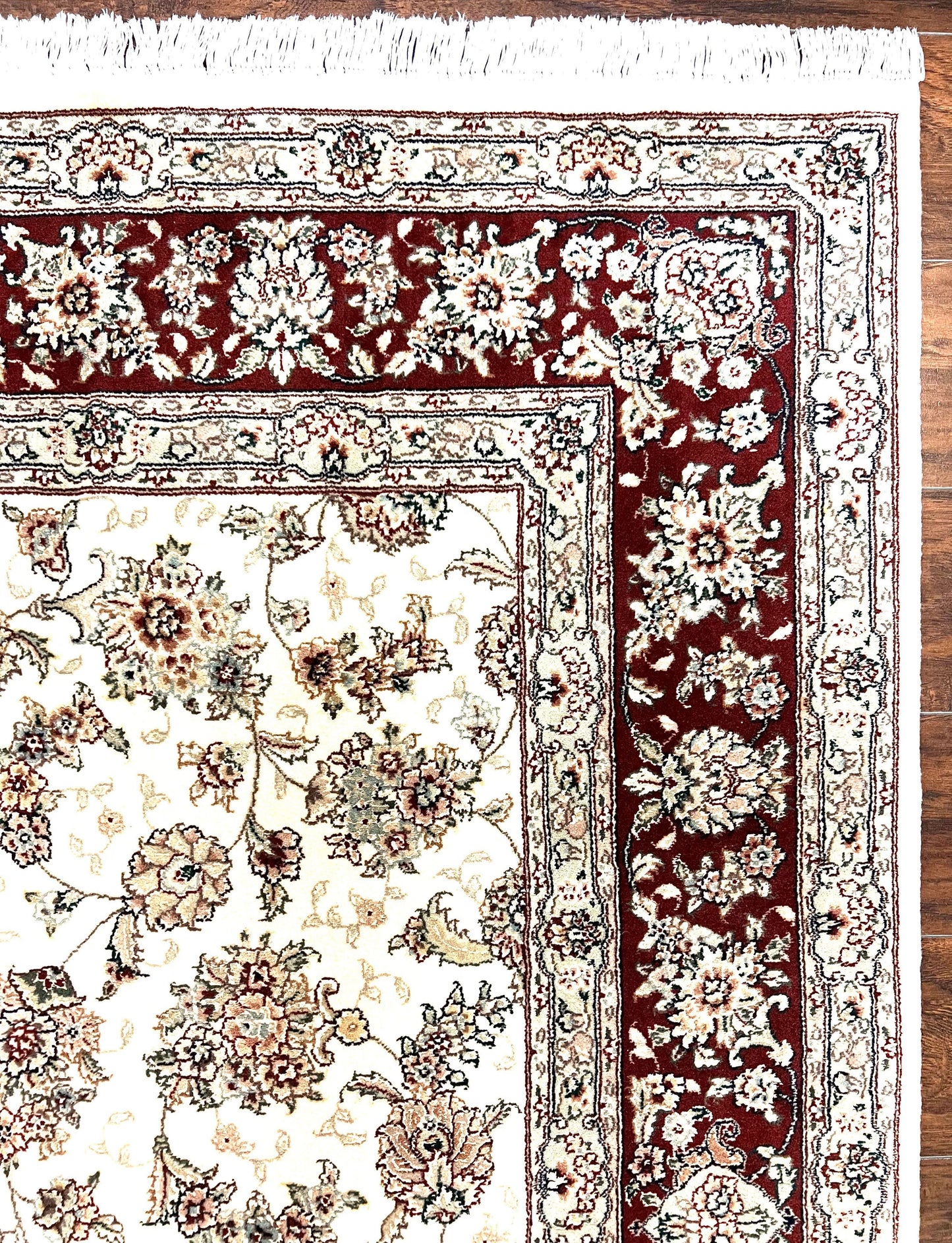 Pak Persian Rug 6x9, Floral Allover Carpet 6 x 9 ft, Cream and Maroon Hand Knotted Wool and Silk Fine Oriental Rug, Traditional Vintage Rug