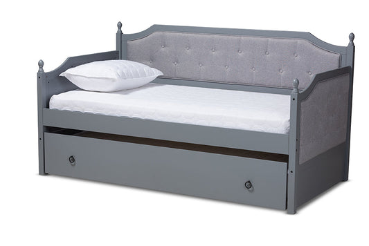 Baxton Studio Mara Classic and Traditional Grey Fabric Upholstered Grey Finished Wood Twin Size Daybed with Trundle