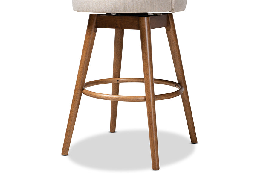 Baxton Studio Carra Mid-Century Modern Light Beige Fabric Upholstered Walnut-Finished Wood Swivel Bar Stool Set of 2