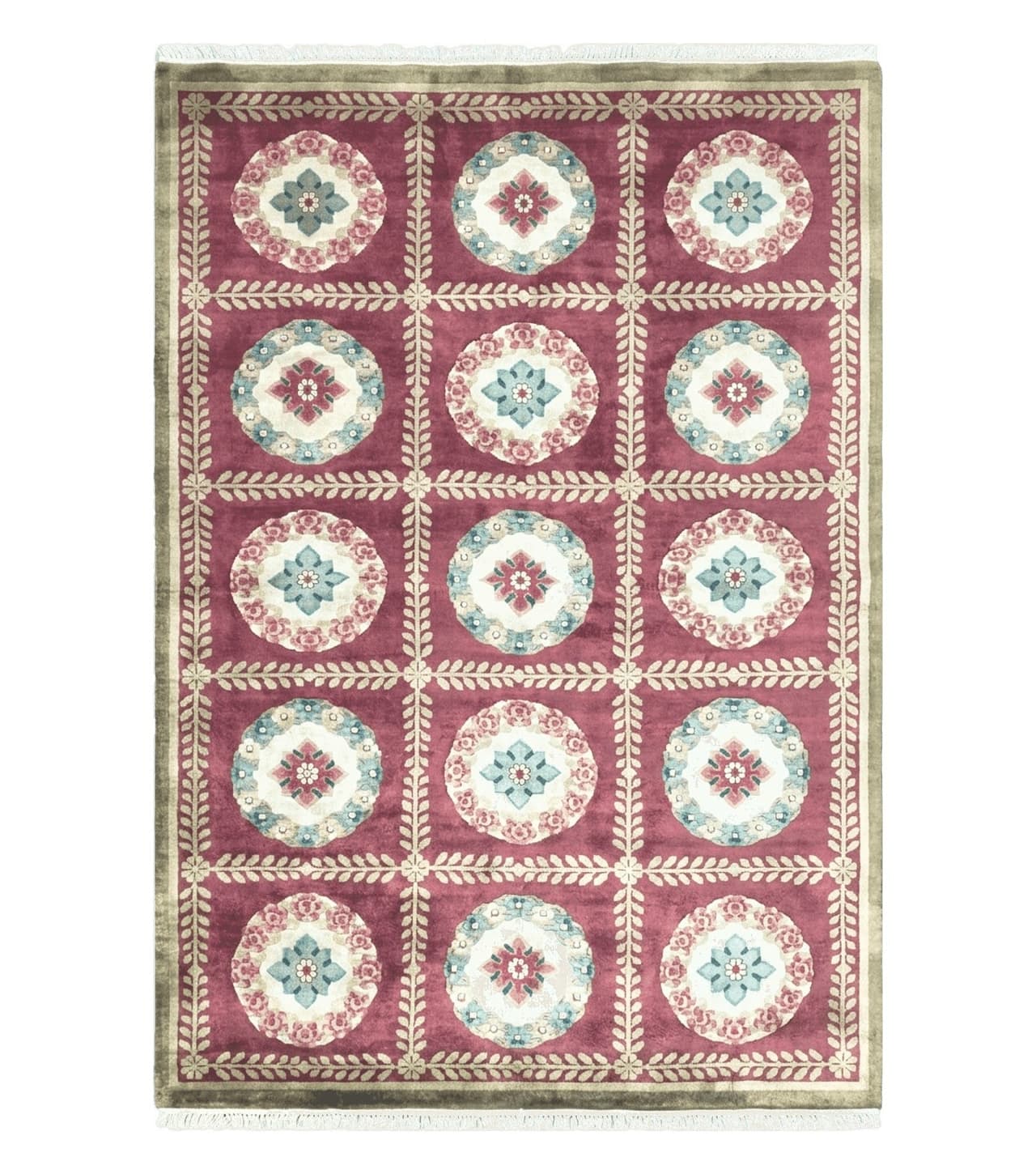 Nepalese Aubusson Panel Rug 6x9, Red & Ivory Soft Plush Tibetan Pile Rug, Wool Hand-Knotted Carpet, 6 x 9 Elegant Area Rug, Office Room Rug