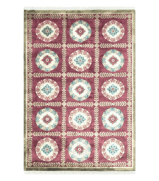Nepalese Aubusson Panel Rug 6x9, Red & Ivory Soft Plush Tibetan Pile Rug, Wool Hand-Knotted Carpet, 6 x 9 Elegant Area Rug, Office Room Rug