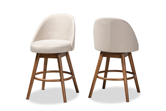 Baxton Studio Carra Mid-Century Modern Light Beige Fabric Upholstered Walnut-Finished Wood Swivel Counter Stool Set of 2