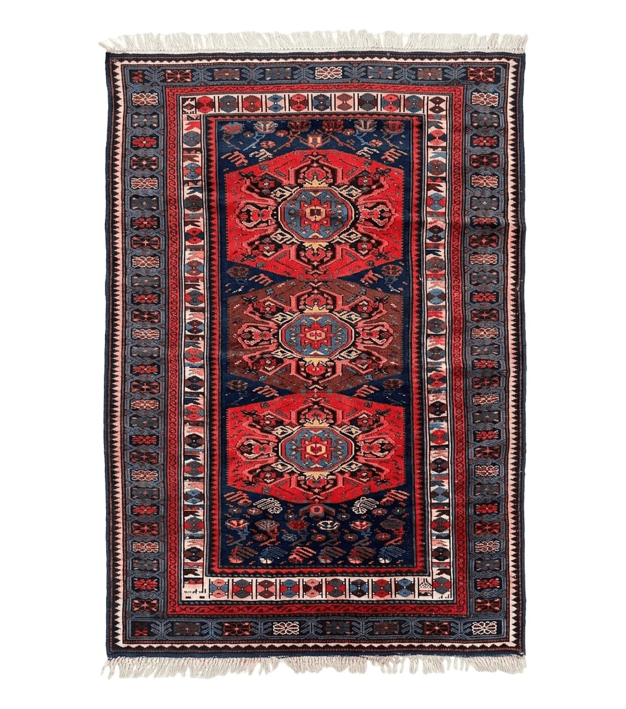 Antique Caucasian Seychour Rug 3.7 x 5.5, Collectible Oriental Carpet, Navy Blue and Red, Fine Kuba Rug, Vintage Rug, Wool Hand Knotted Rug