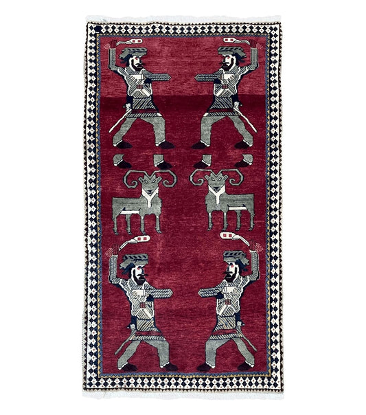 3 X 6 Handmade Wool Rug Tribal Balouch Warriors Deer Animal Pictorial Red Swords