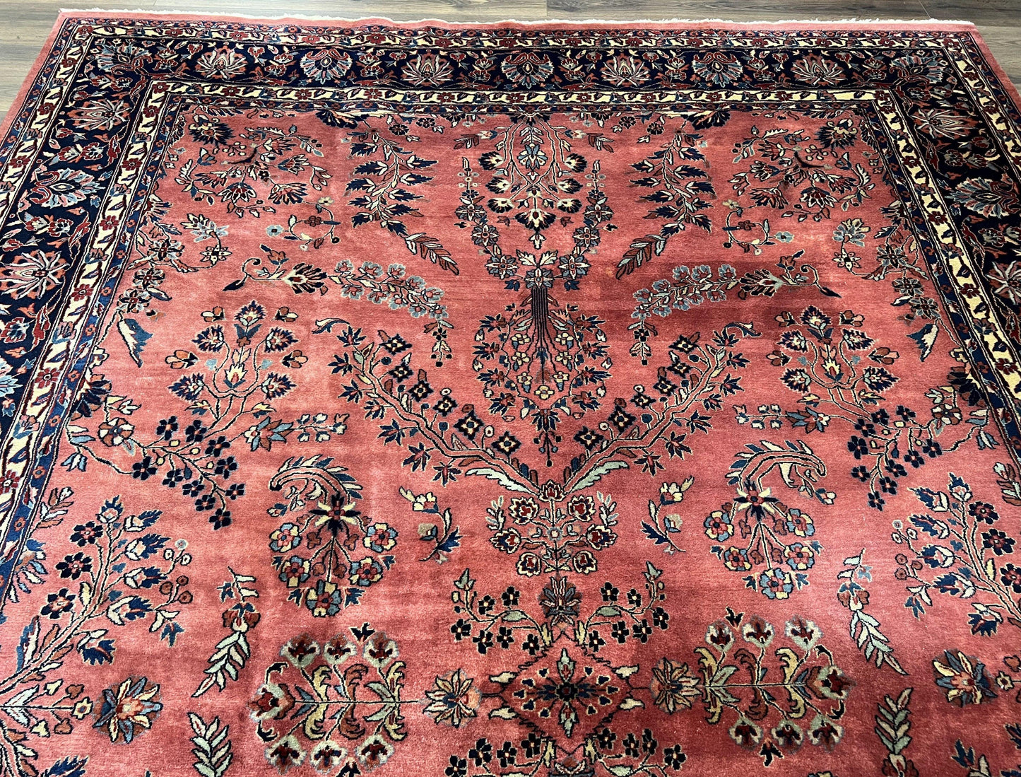 Indo Sarouk Rug 10x14, Vintage Indian Persian Area Rug 10 x 14, Wool Hand-Knotted Oriental Carpet, Red Floral Allover Large Rug, Beautiful