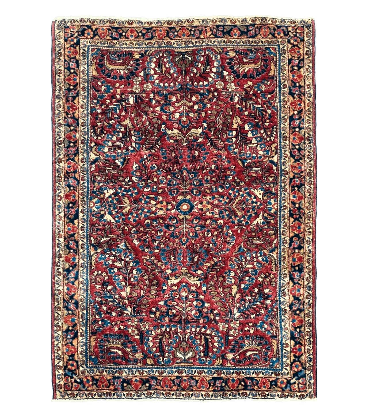 Antique Persian Sarouk Rug, Red, Allover Floral Pattern, Hand-Knotted, Wool, 3'4" x 4'10"