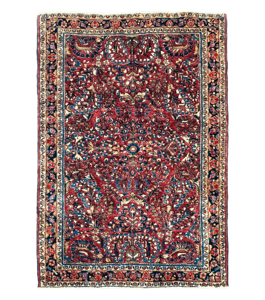 Antique Persian Sarouk Rug, Red, Allover Floral Pattern, Hand-Knotted, Wool, 3'4" x 4'10"