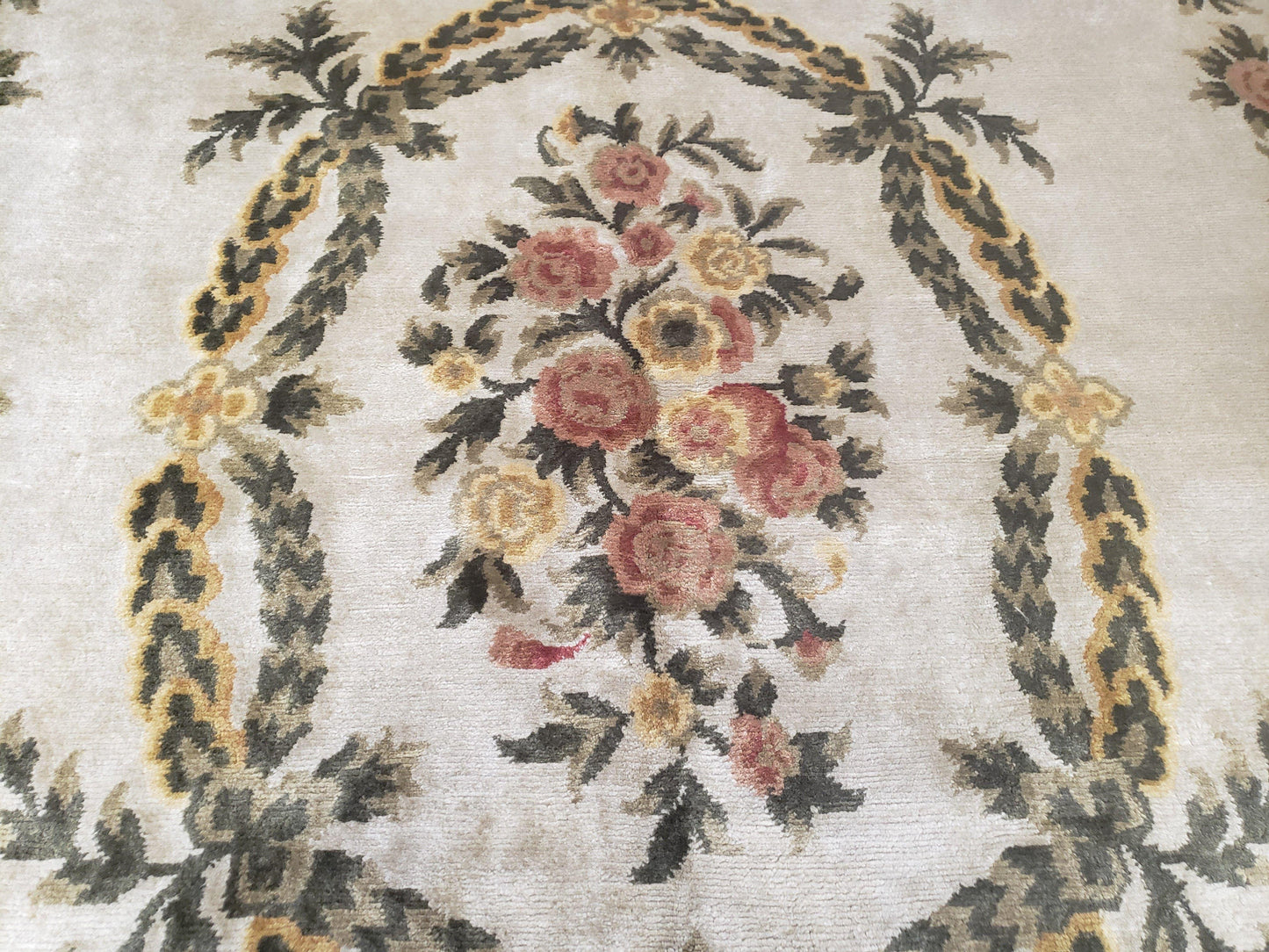 Aubusson Rug 10x14, Elegant French European Design, Vintage Handmade Carpet with Pile, Beige Floral Dining Room Rug, Living Room, Soft Wool