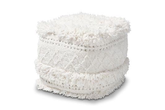 Baxton Studio Curlew Moroccan Inspired Ivory Handwoven Cotton Pouf Ottoman
