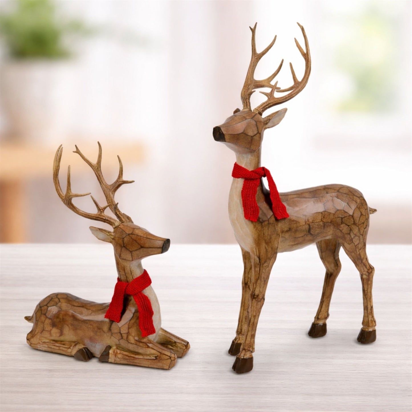 Carved Deer with Scarf Statue (Set of 2)