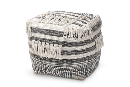 Baxton Studio Kirby Moroccan Inspired Grey and Ivory Handwoven Cotton Pouf Ottoman