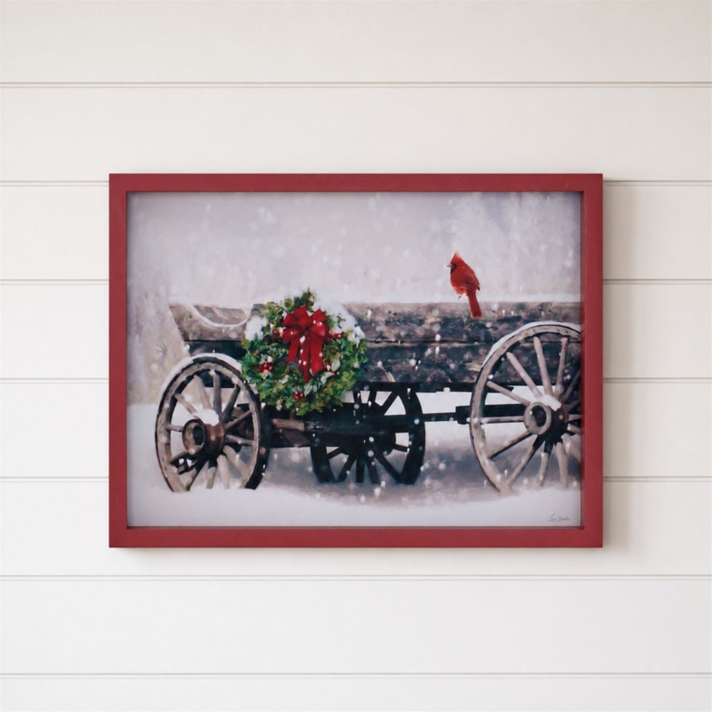 Framed Cardinal and Christmas Wagon Wall Art 15.5"L