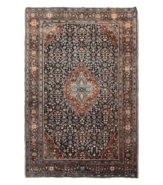 Persian Rug 4x7 Antique Sarouk Farahan Carpet, Navy Blue and Red Wool Rug