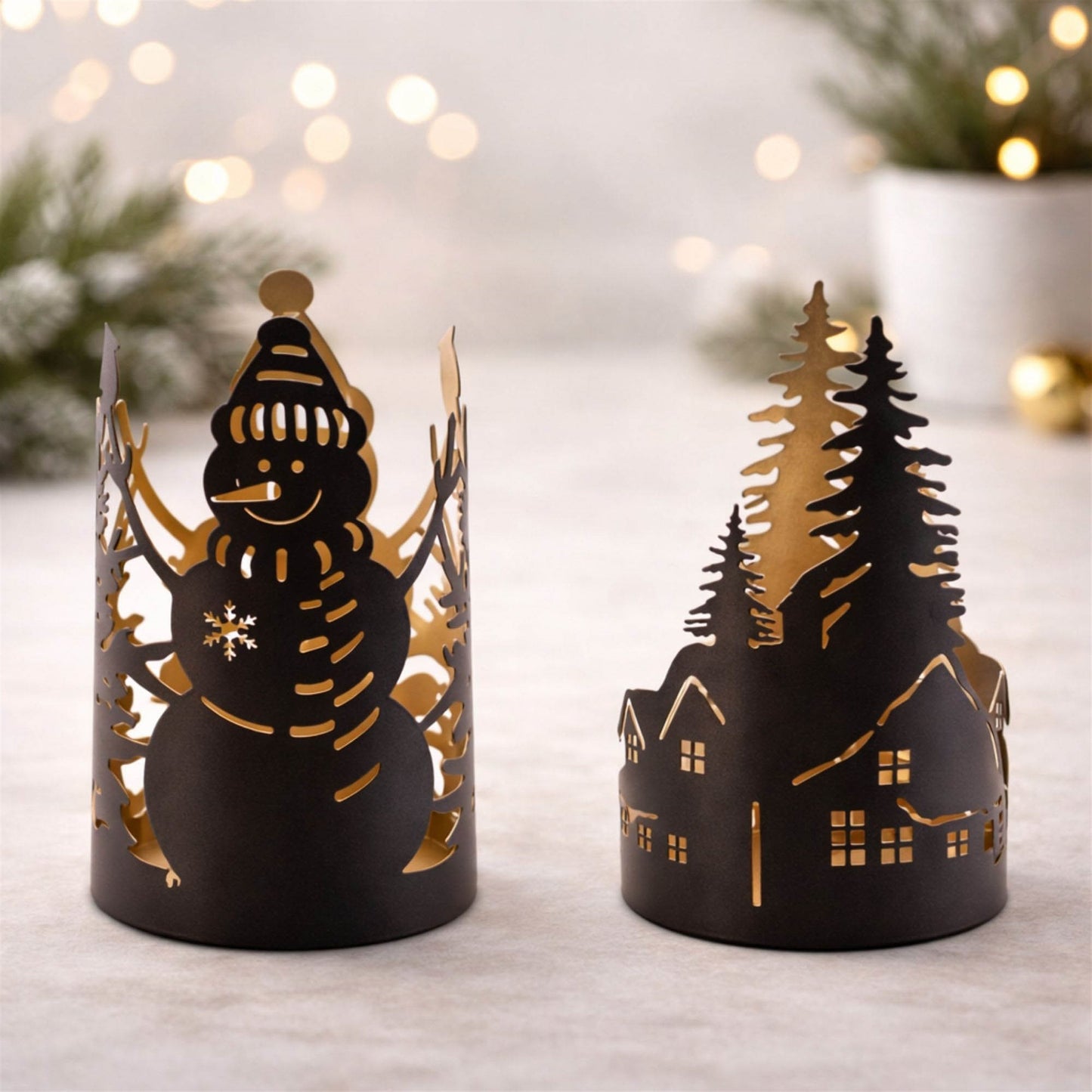 Cut Metal Snowman and Cabin Candle Holder (Set of 2)