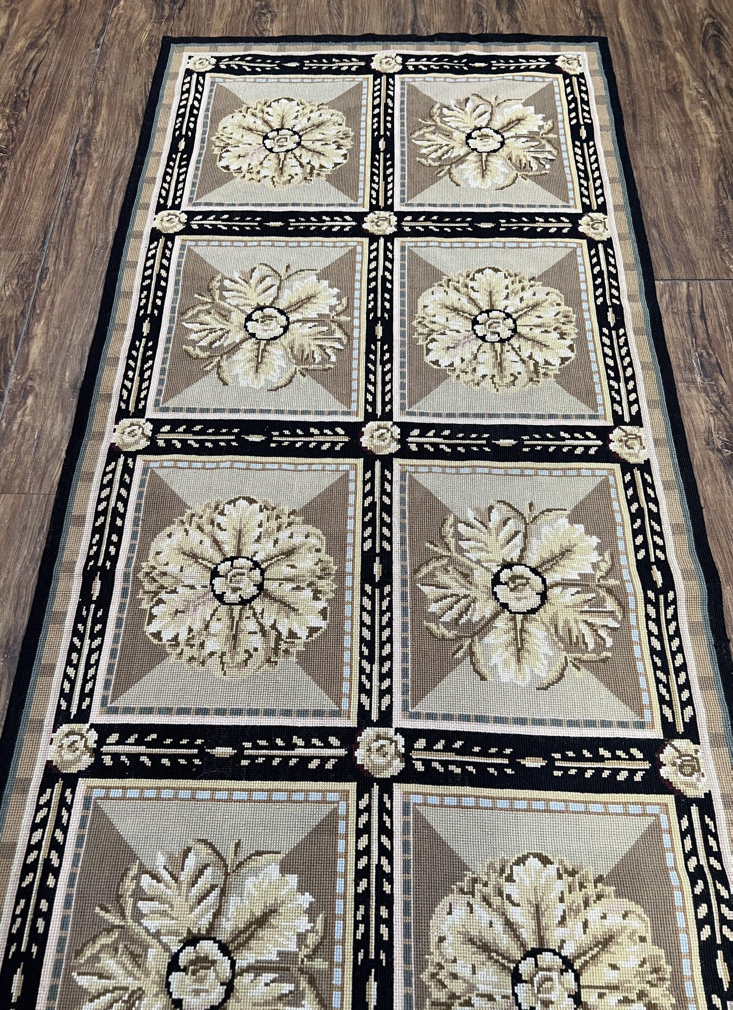 Needlepoint Runner Rug 3x8 Panel Design Rug, Flatweave Runner Rug, English Design, Floral, Short Runner Rug, Black and Beige Wool Hand-Woven