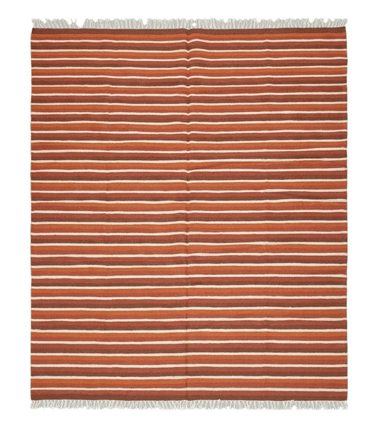 Large Striped Woolen Handmade Throw Blanket, Twin Size Bedding Hand-Woven, Indian Kilim Area Rug, 6x8 - 7x8, South American Style Textile