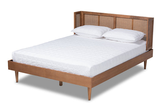 Baxton Studio Rina Mid-Century Modern Ash Wanut Finished Wood and Synthetic Rattan King Size Platform Bed with Wrap-Around Headboard