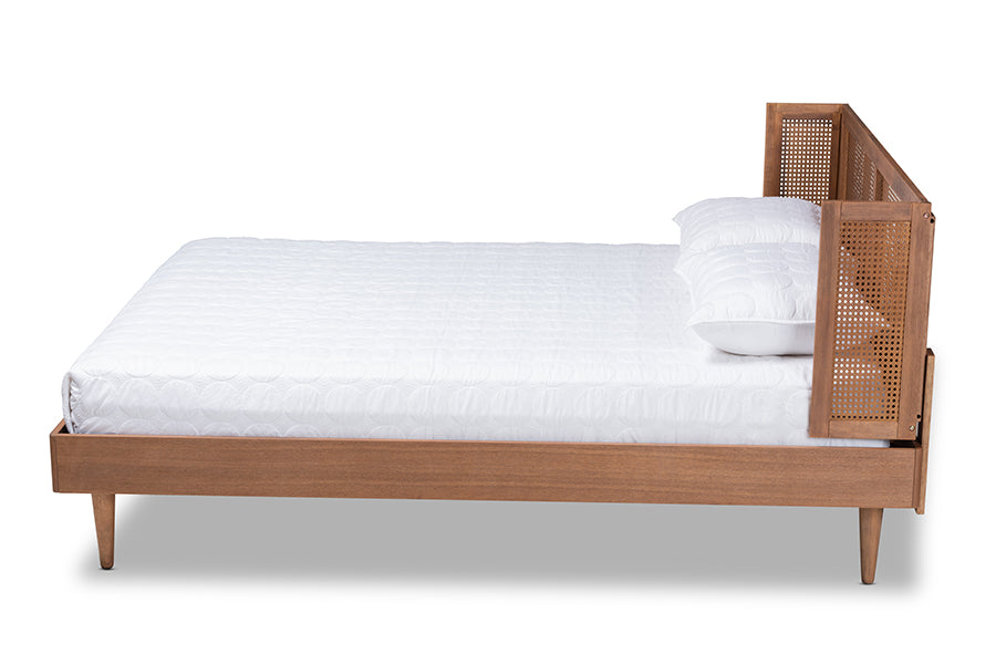 Baxton Studio Rina Mid-Century Modern Ash Wanut Finished Wood and Synthetic Rattan Full Size Platform Bed with Wrap-Around Headboard