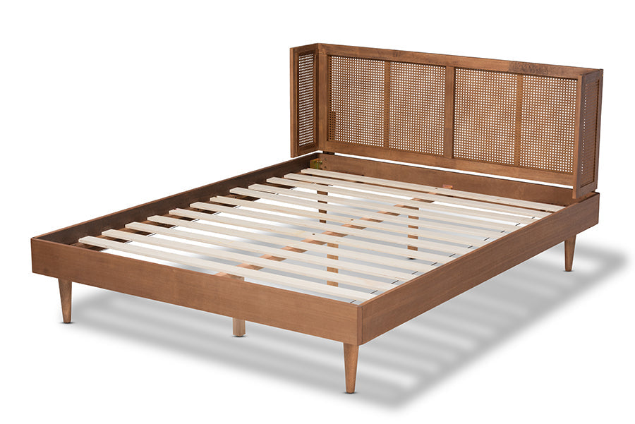 Baxton Studio Rina Mid-Century Modern Ash Wanut Finished Wood and Synthetic Rattan King Size Platform Bed with Wrap-Around Headboard