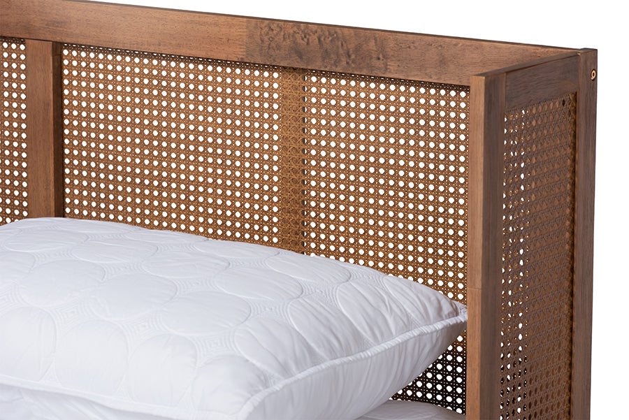 Baxton Studio Rina Mid-Century Modern Ash Wanut Finished Wood and Synthetic Rattan Full Size Platform Bed with Wrap-Around Headboard
