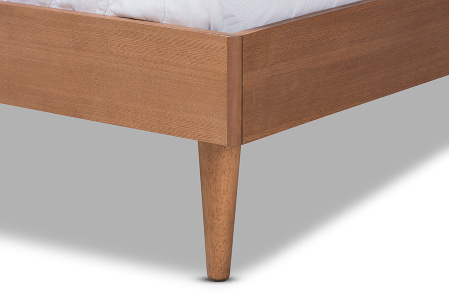 Baxton Studio Rina Mid-Century Modern Ash Wanut Finished Wood and Synthetic Rattan Queen Size Platform Bed with Wrap-Around Headboard