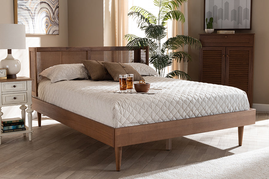 Baxton Studio Rina Mid-Century Modern Ash Wanut Finished Wood and Synthetic Rattan King Size Platform Bed with Wrap-Around Headboard