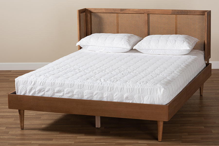 Baxton Studio Rina Mid-Century Modern Ash Wanut Finished Wood and Synthetic Rattan Queen Size Platform Bed with Wrap-Around Headboard