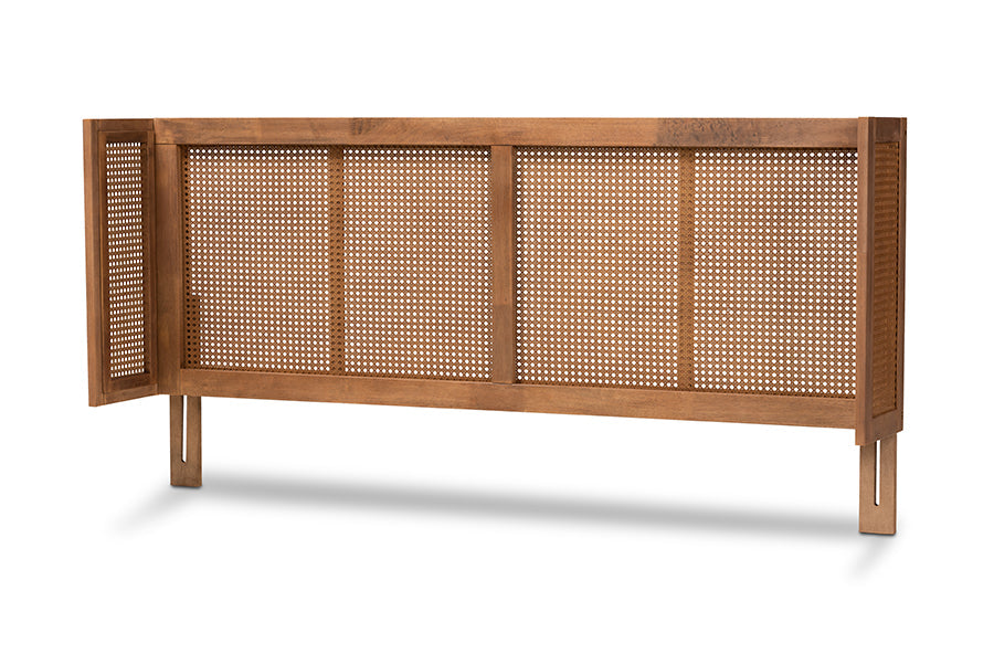 Baxton Studio Rina Mid-Century Modern Ash Wanut Finished Wood and Synthetic Rattan King Size Wrap-Around Headboard