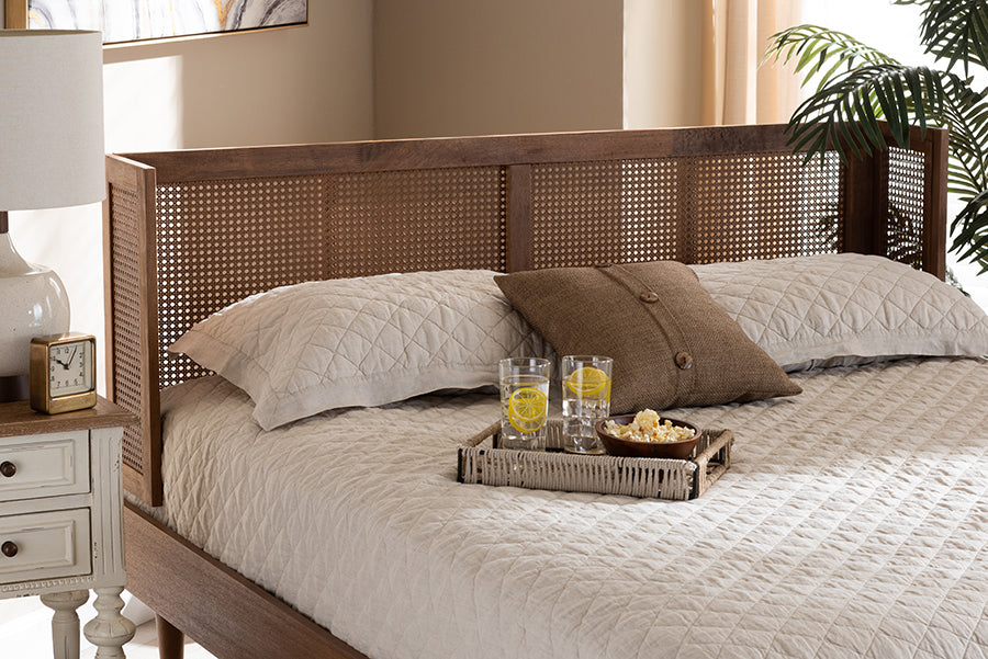Baxton Studio Rina Mid-Century Modern Ash Wanut Finished Wood and Synthetic Rattan Queen Size Wrap-Around Headboard