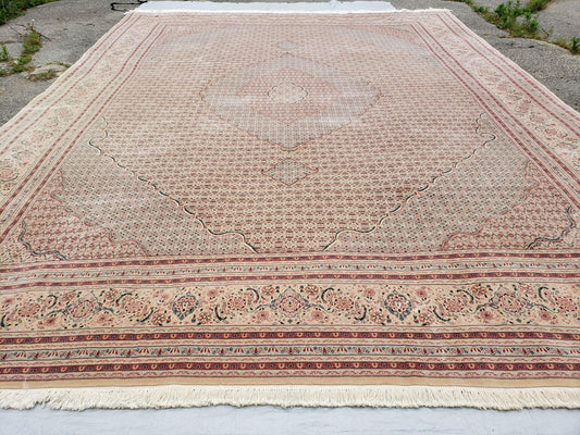 Stunning Oversized Pak Persian Oriental Rug 12x15, Hand Knotted Wool & Silk Palace Sized Carpet, Mahi Pattern, Very Fine, Peach Beige, Wow