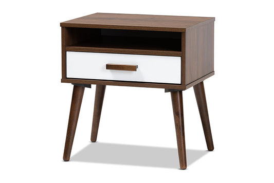 Baxton Studio Quinn Mid-Century Modern Two-Tone White and Walnut Finished 1-Drawer Wood End Table