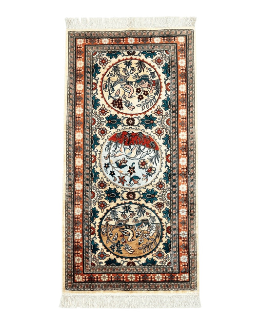 Silk Turkish Rug 2x4, Fine Handmade Oriental Rug, Animal Pictorial Birds Silk Pile on Silk Foundation Vintage Hand Knotted Hereke Carpet