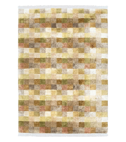 4x6 Tibetan Rug, Modern Abstract Handmade Area Rug, Checkerboard Pattern, Neutral Ivory Gold Tan Colors, Soft Pile, Mid Sized Rug, Nepali