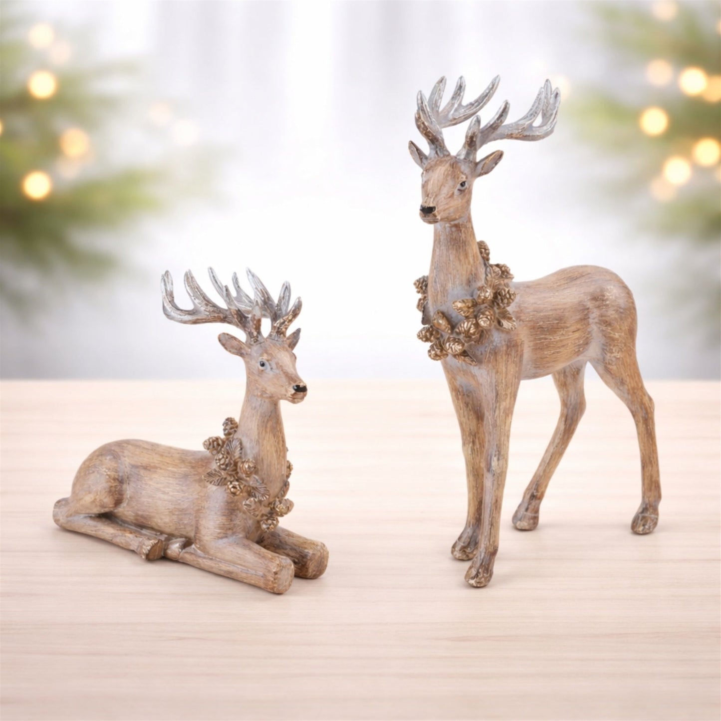 Glittered Deer with Wreath Figurine (Set of 2)