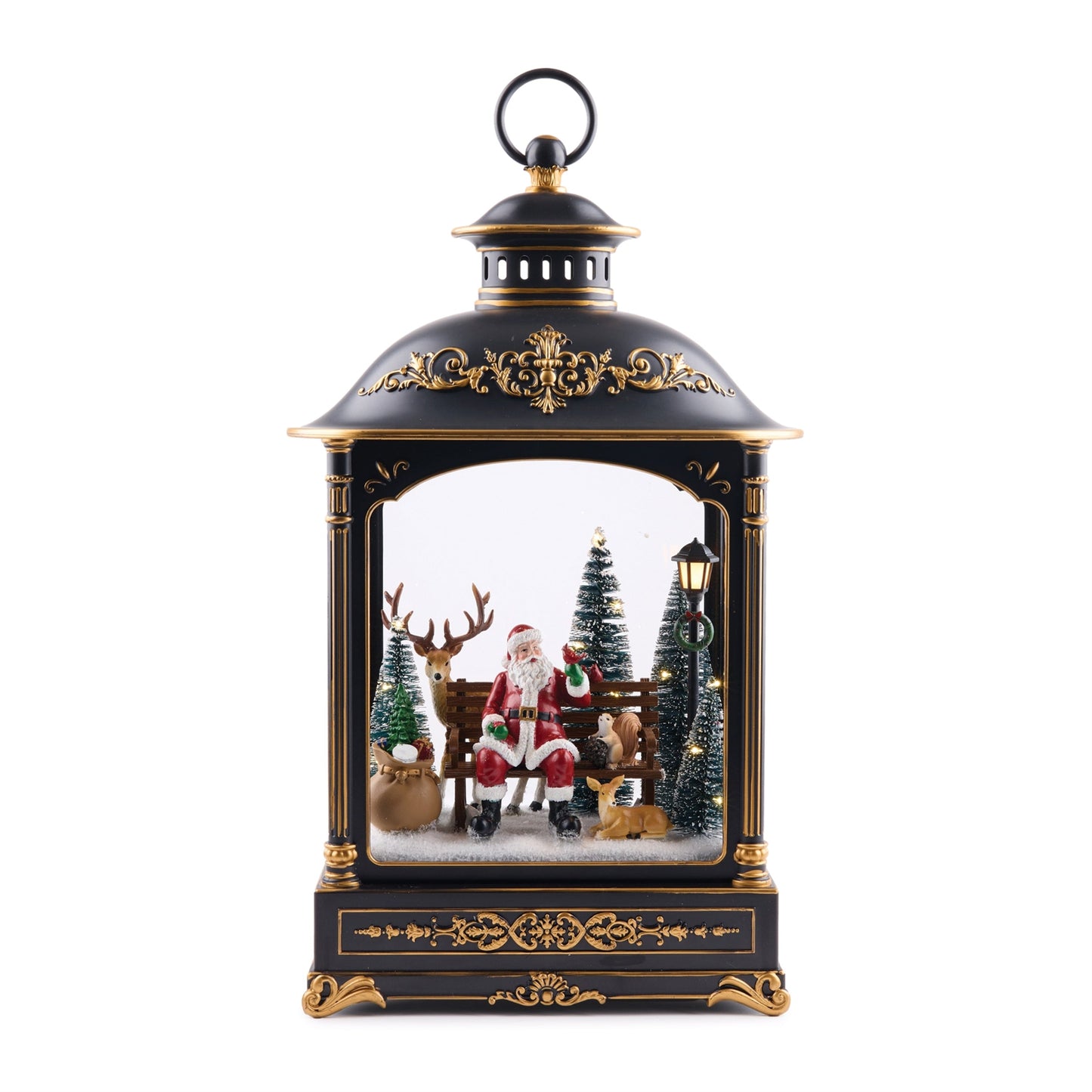 LED Lantern Scene with Santa and Woodland Animals 17.5"H