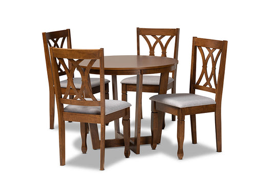 Baxton Studio Aggie Modern and Contemporary Grey Fabric Upholstered and Walnut Brown Finished Wood 5-Piece Dining Set